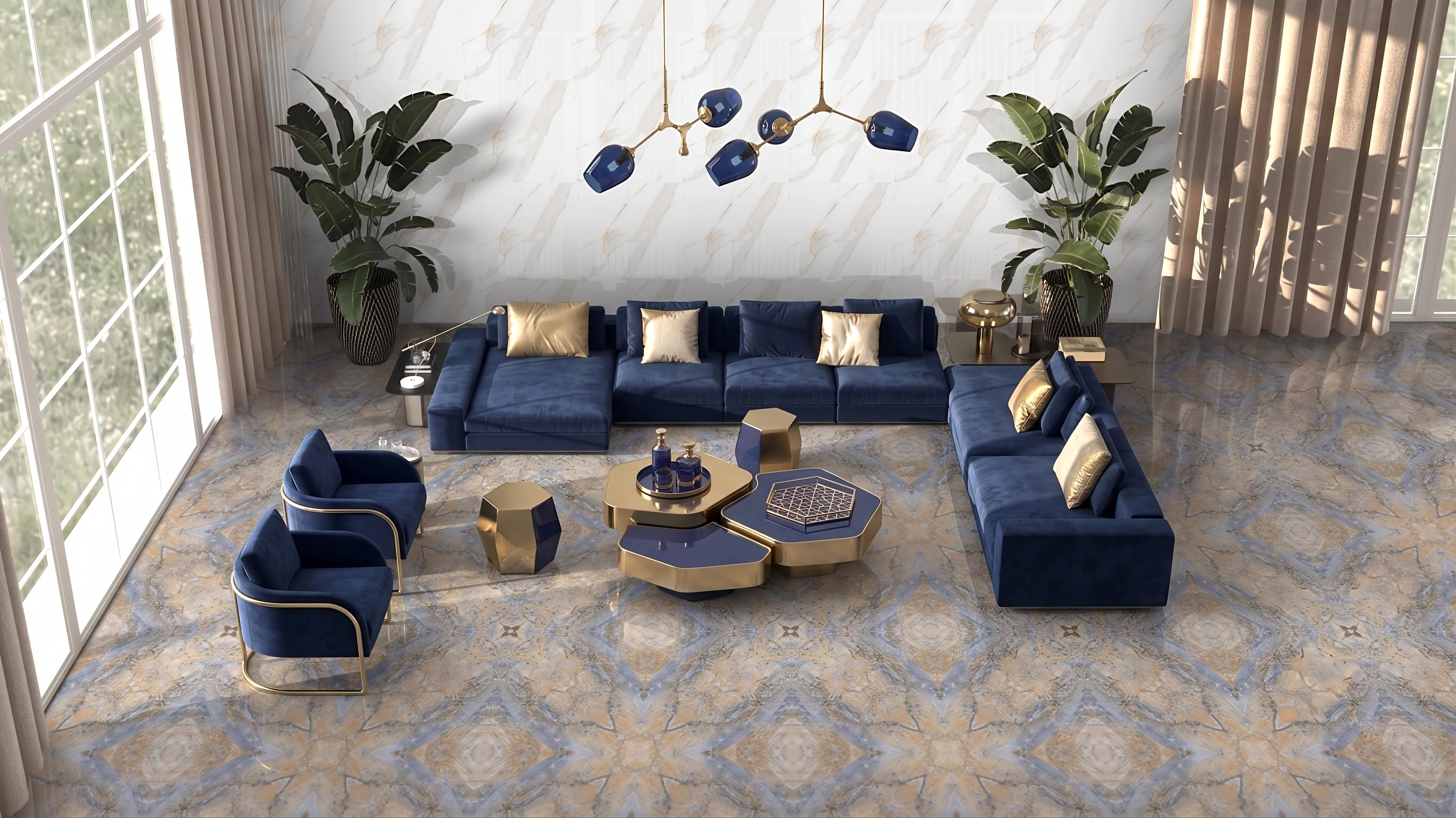 Carrara White Marble Tile Living Room Interior Mockup